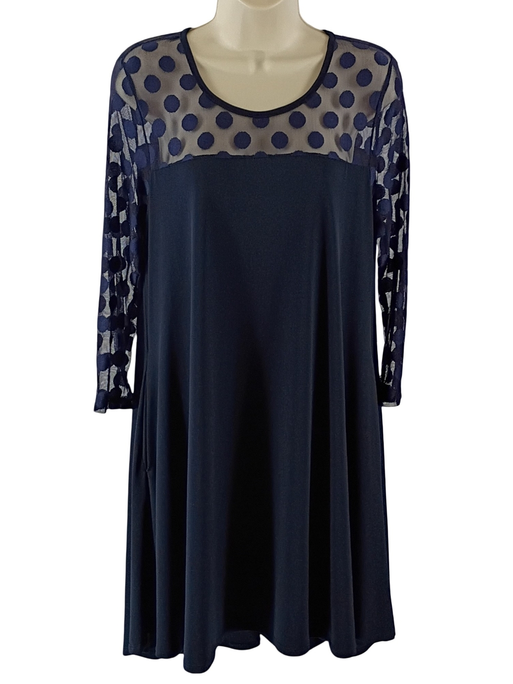 Nina Leonard Navy Polka Dot Mesh Yoke Long Sleeve Dress